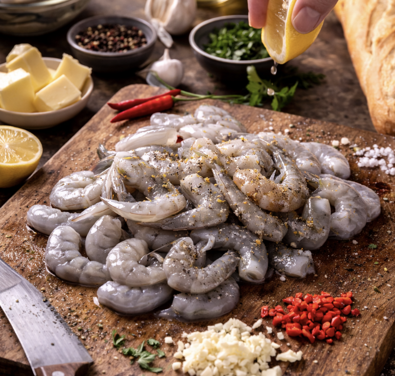 Garnelen in Knoblauch-Chili-Butter mit Baguette_1