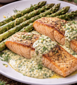 Gebratenes Lachsfilet mit Zitronen-Dill-Sauce & Ofenspargel