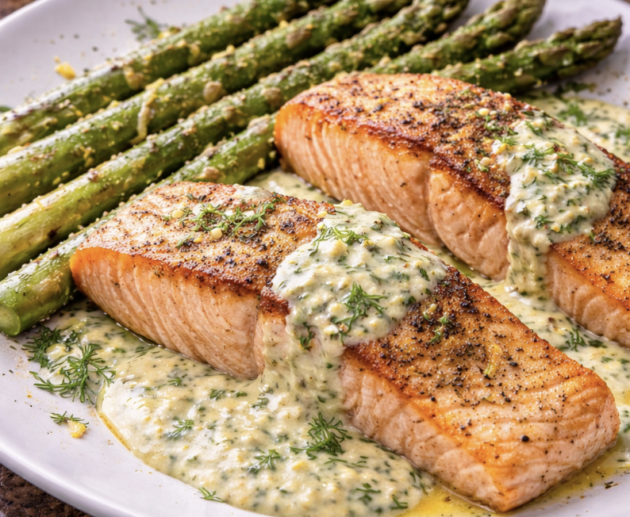 Gebratenes Lachsfilet mit Zitronen-Dill-Sauce & Ofenspargel_4