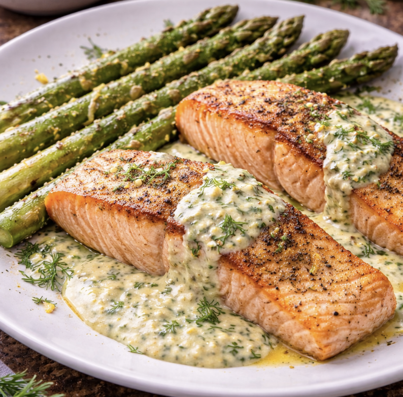 Gebratenes Lachsfilet mit Zitronen-Dill-Sauce & Ofenspargel_4