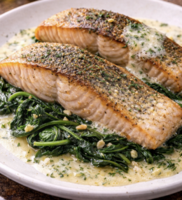 Zander auf der Haut gebraten mit Riesling-Schaum & Blattspinat