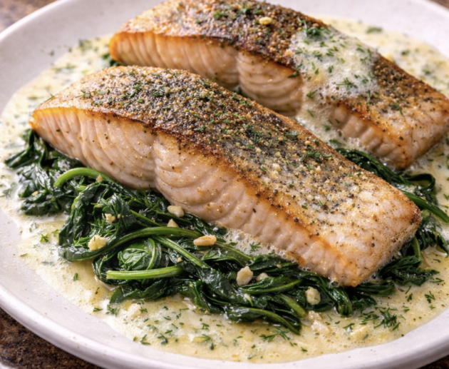 Zander auf der Haut gebraten mit Riesling-Schaum & Blattspinat_4