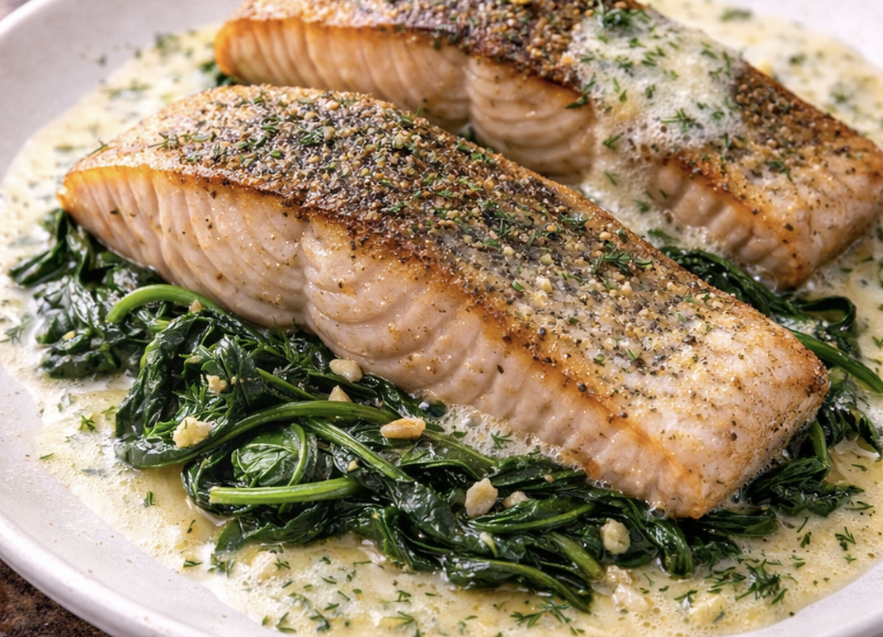 Zander auf der Haut gebraten mit Riesling-Schaum & Blattspinat_4