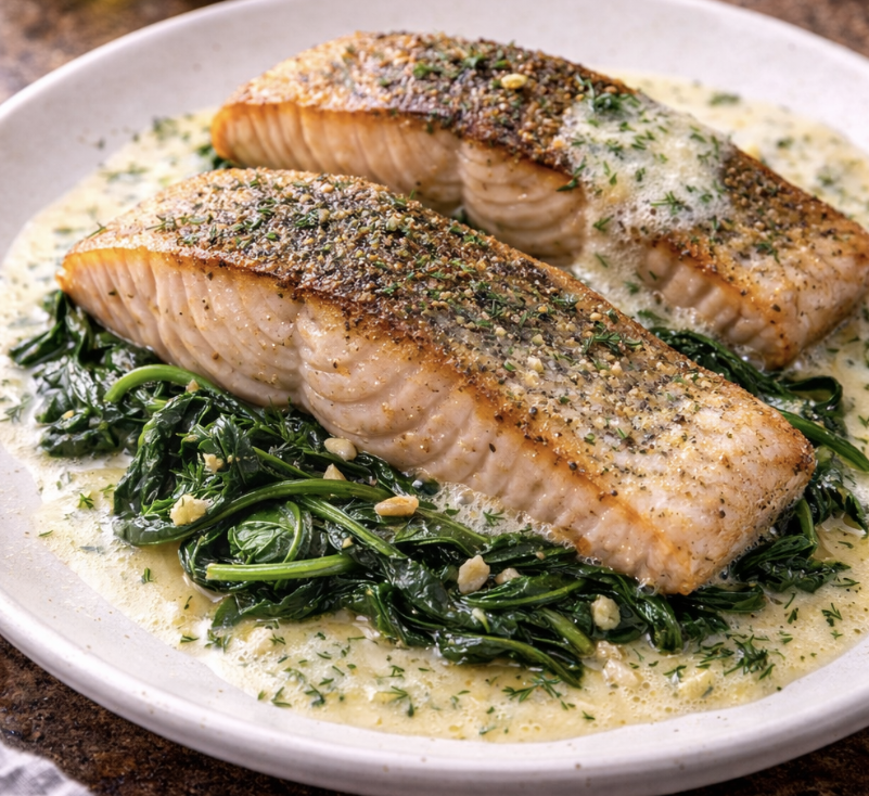 Zander auf der Haut gebraten mit Riesling-Schaum & Blattspinat_4