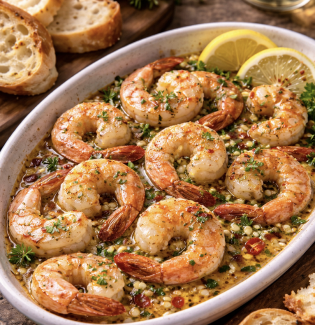 Garnelen in Knoblauch-Chili-Butter mit Baguette_4