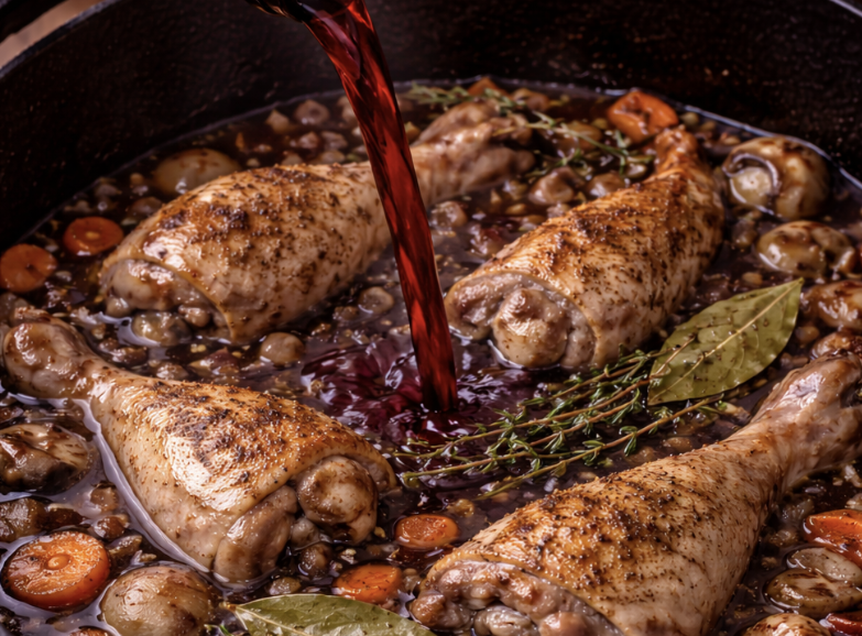Coq au Vin (Hähnchen in Rotwein geschmort)_4