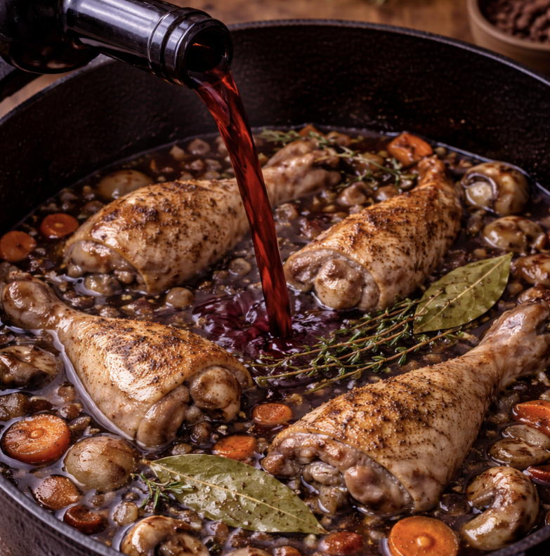 Coq au Vin (Hähnchen in Rotwein geschmort)_4