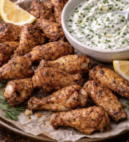 Knusprige Hähnchenflügel mit Kräuterdip