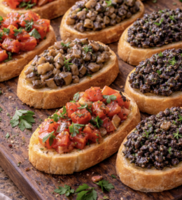 Bruschetta-Trio (Tomaten, Champignons, Oliventapenade)
