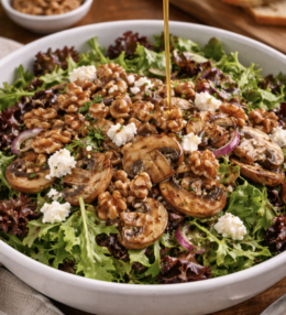 Salatblätter mit Pilzen und Walnüssen