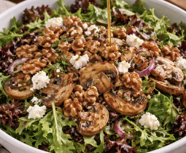 Salatblätter mit Pilzen und Walnüssen_5