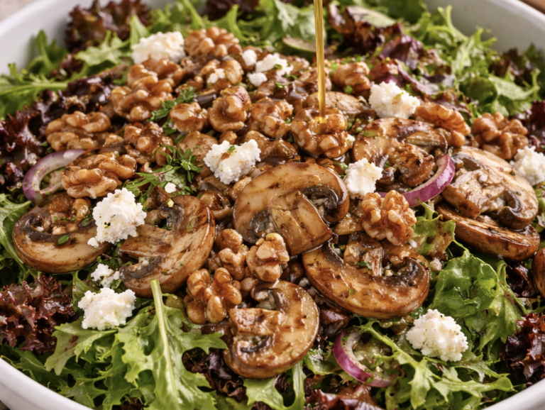 Salatblätter mit Pilzen und Walnüssen_5