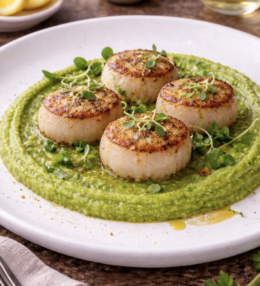 Gebratene Jakobsmuscheln mit Erbsenpüree