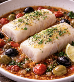 Kabeljau in Tomaten-Oliven-Sud