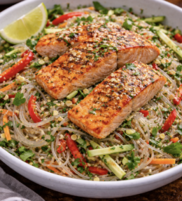 Asiatischer Glasnudelsalat mit gegrilltem Lachs