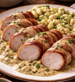 Schweinefilet im Speckmantel mit Rahmsoße