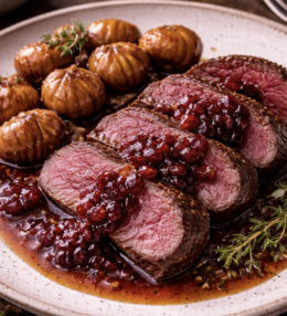 Rehrücken mit Preiselbeersauce & Maronen