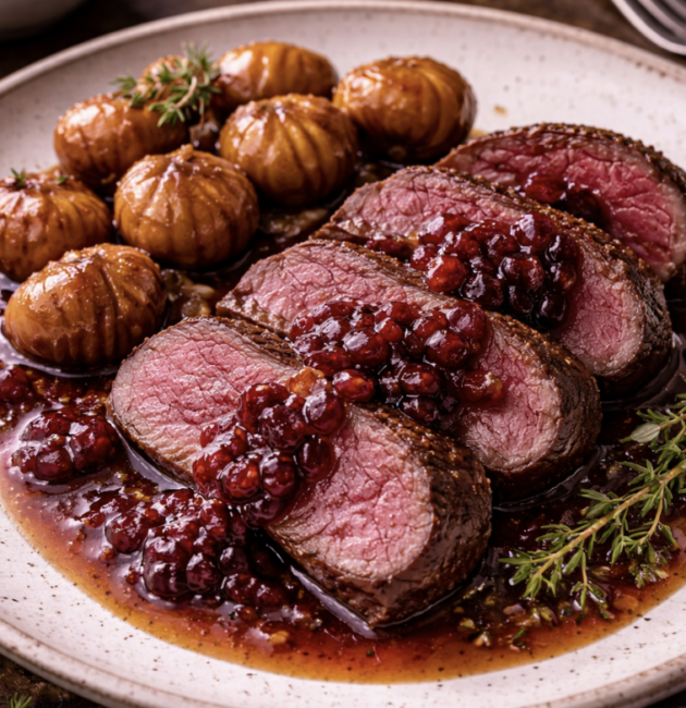 Rehrücken mit Preiselbeersauce & Maronen_6
