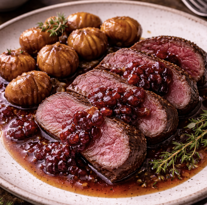 Rehrücken mit Preiselbeersauce & Maronen_6