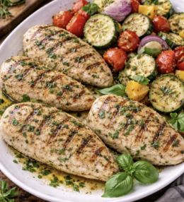 Gegrilltes Zitronen-Kräuter-Hähnchen mit Sommergemüse