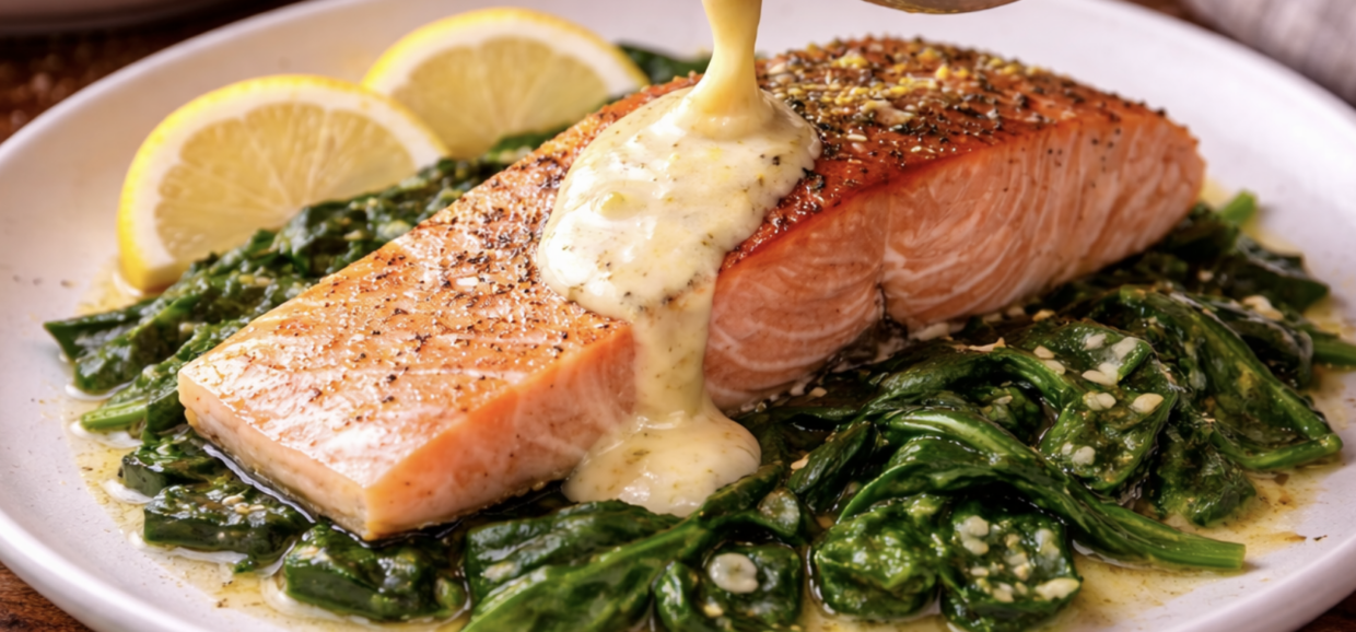 Lachsfilet mit Spinat und Zitronensauce_6