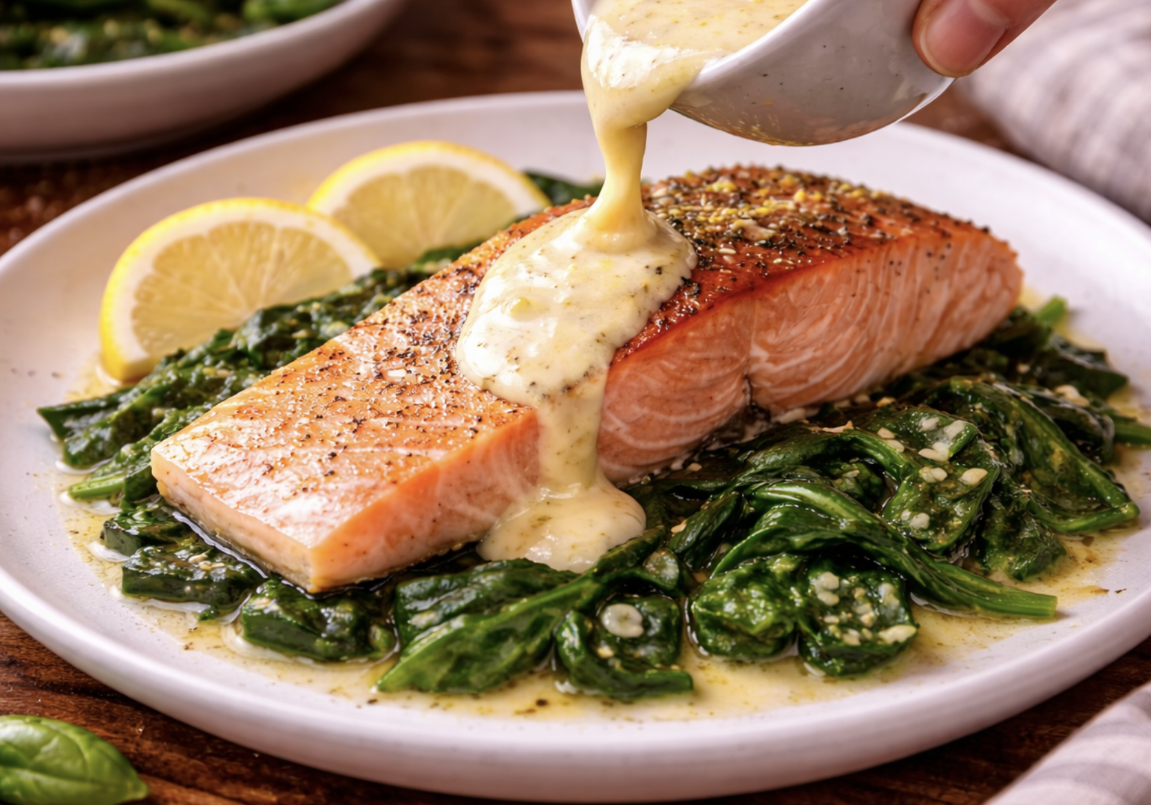 Lachsfilet mit Spinat und Zitronensauce_6
