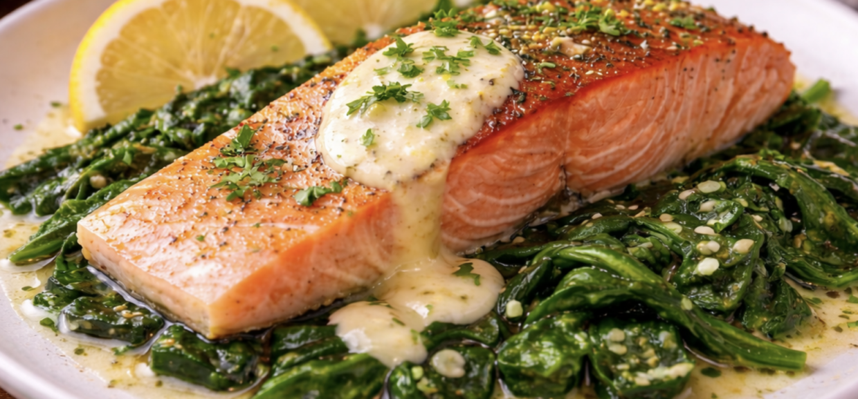 Lachsfilet mit Spinat und Zitronensauce_7