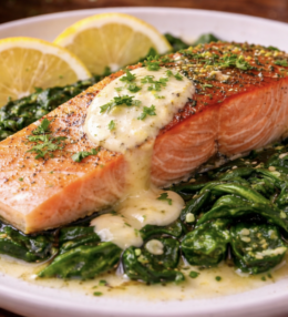 Lachsfilet mit Spinat und Zitronensauce