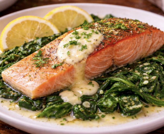 Lachsfilet mit Spinat und Zitronensauce_7