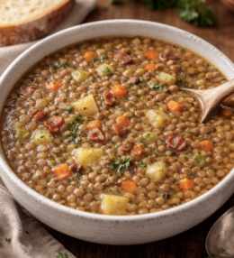 Linsensuppe mit Speck und Gemüse