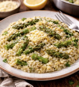 Vegetarisches Risotto mit grünem Spargel