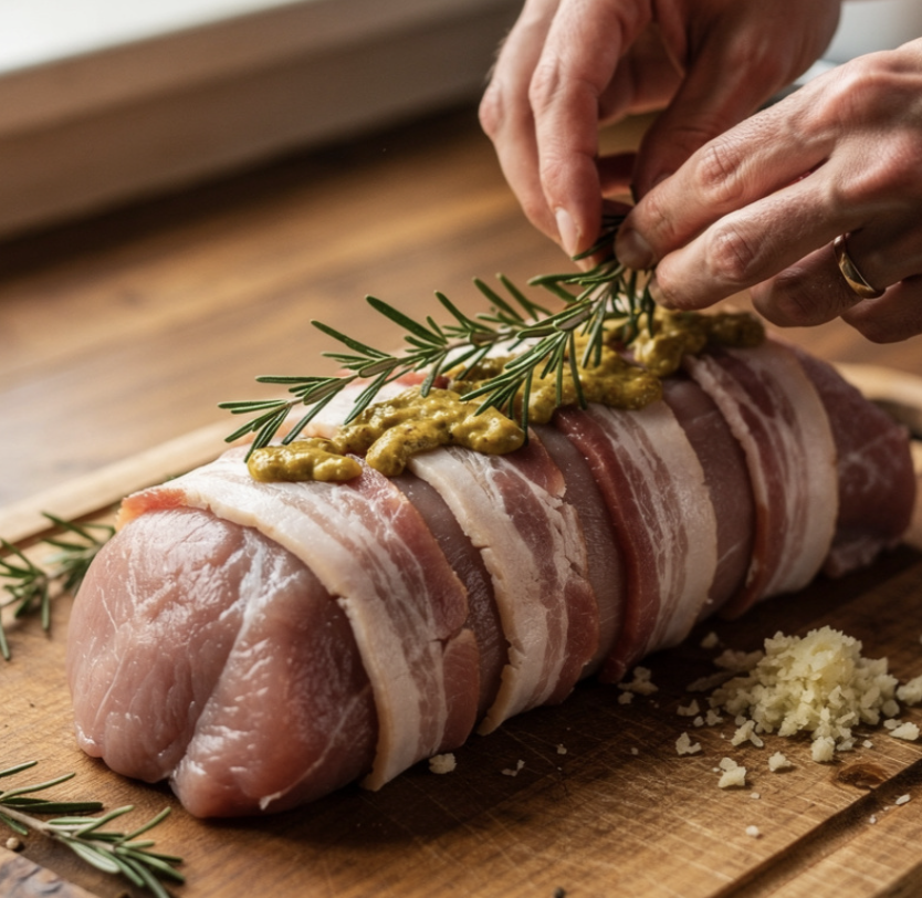 Schweinefilet mit Speck und Rosenkohl_1