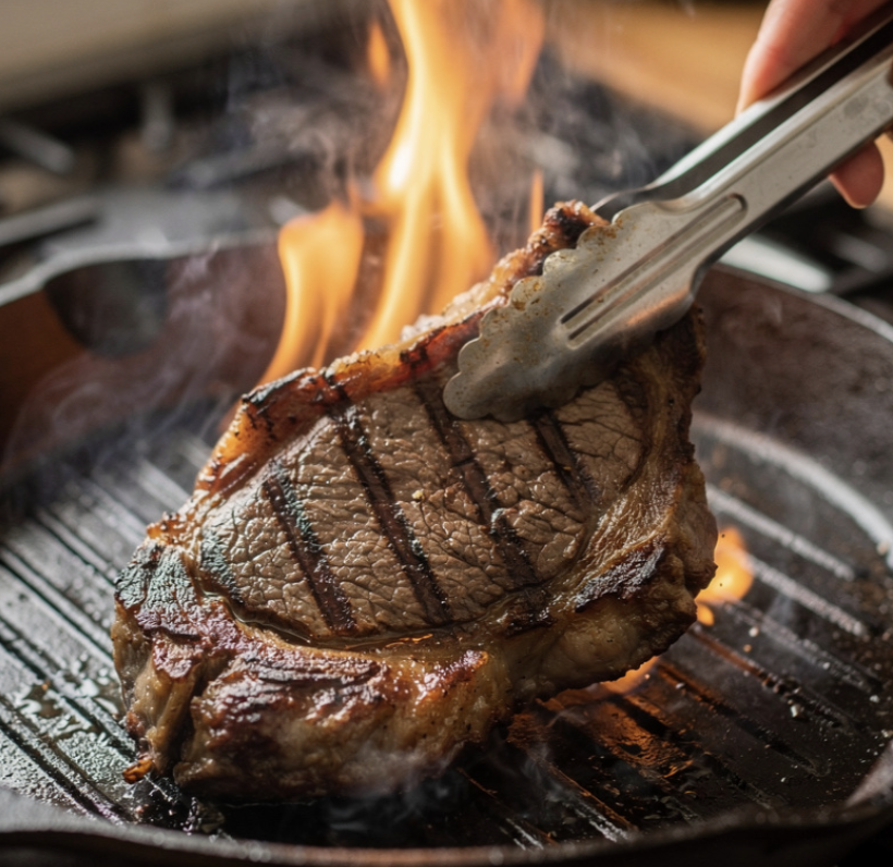 Gegrilltes Steak mit Knoblauchbutter und grünem Spargel_4
