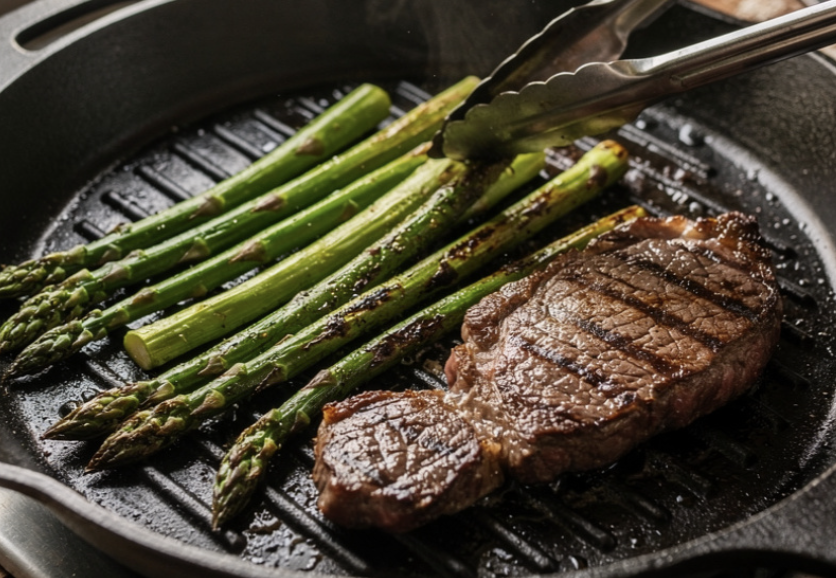 Gegrilltes Steak mit Knoblauchbutter und grünem Spargel_5
