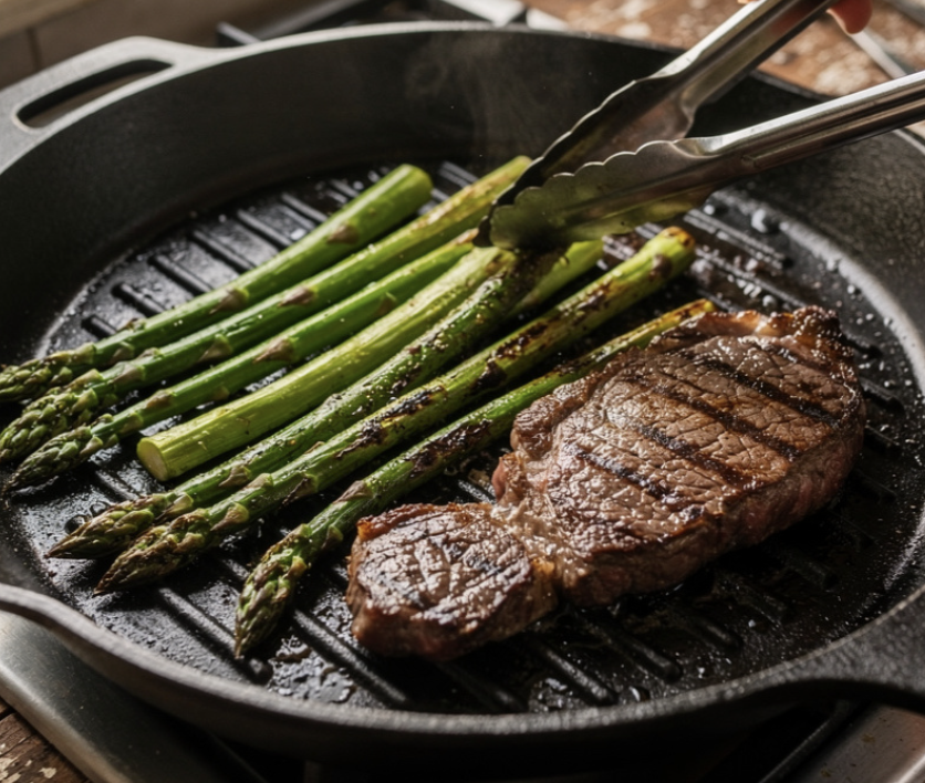 Gegrilltes Steak mit Knoblauchbutter und grünem Spargel_5