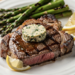 Gegrilltes Steak mit Knoblauchbutter und grünem Spargel_6