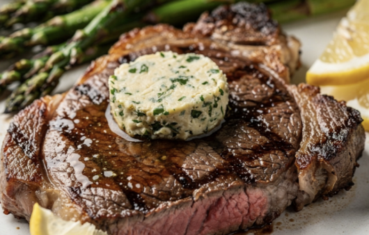 Gegrilltes Steak mit Knoblauchbutter und grünem Spargel_6