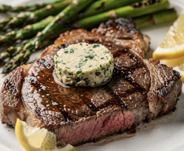 Gegrilltes Steak mit Knoblauchbutter und grünem Spargel_6
