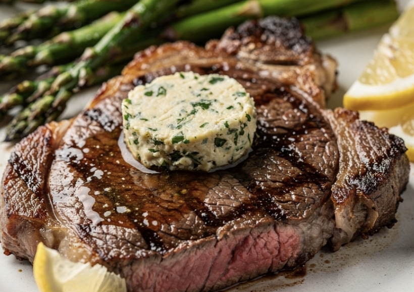 Gegrilltes Steak mit Knoblauchbutter und grünem Spargel_6