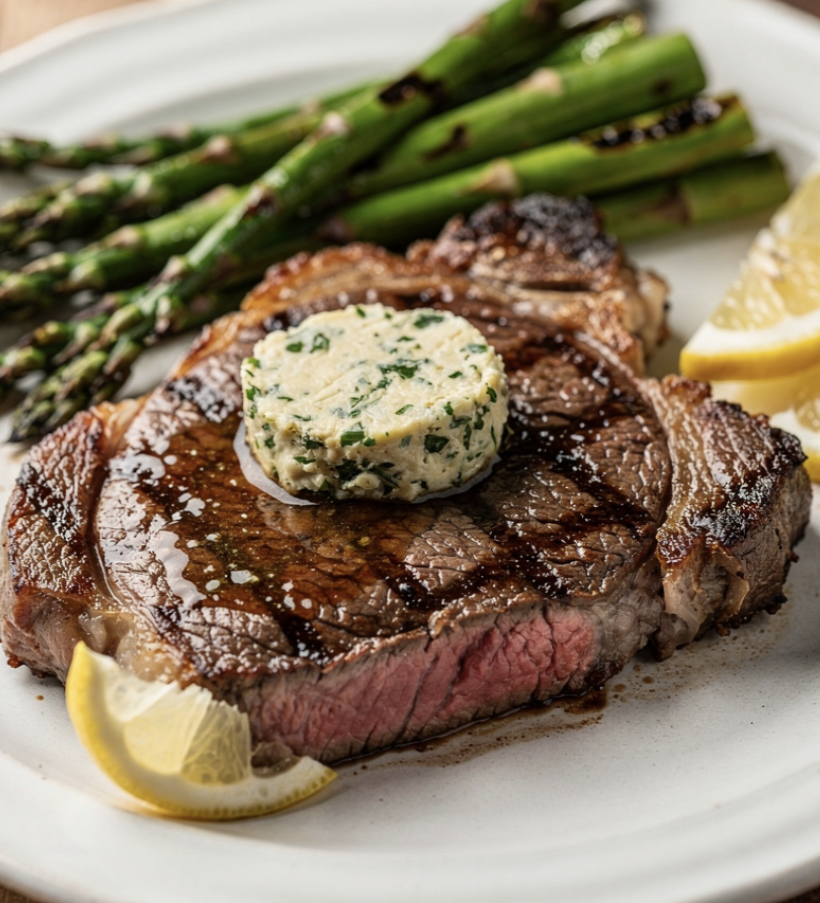 Gegrilltes Steak mit Knoblauchbutter und grünem Spargel_6